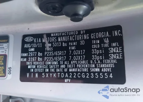 2012 Kia Sorento Lx V6 from USA, damaged, VIN 5XYKTDA22CG235554